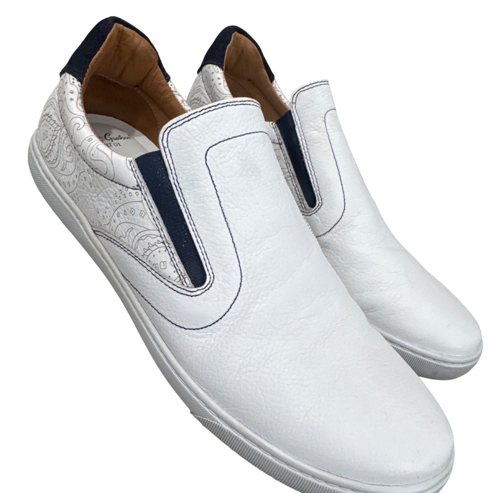 Robert Graham leather slip-on white sneakers side paisley detail size 10.5 M